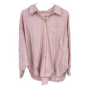 Maeve Anthropologie Women 1X Long Sleeve Button Down Shirt Pink Striped STAIN